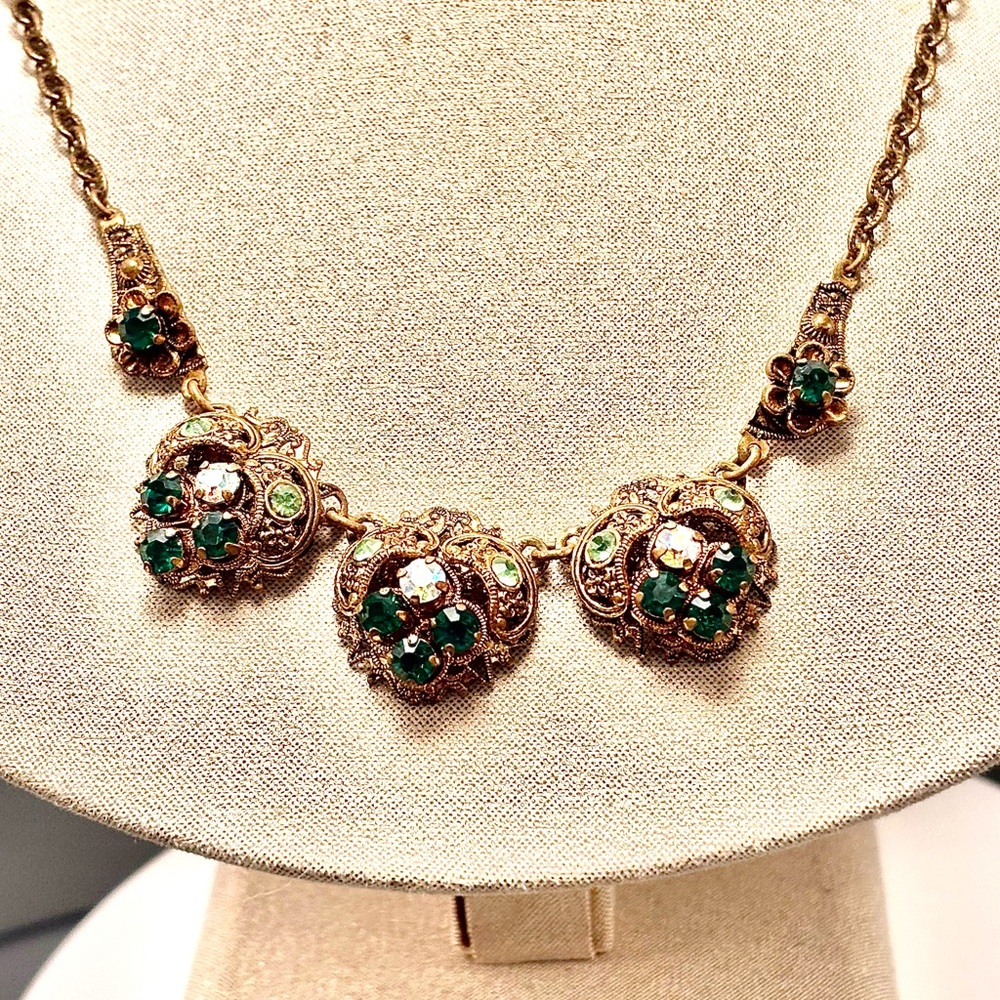 Venetian Green Glass and Aurora Borealis Gemstone Choker Necklace West Germany